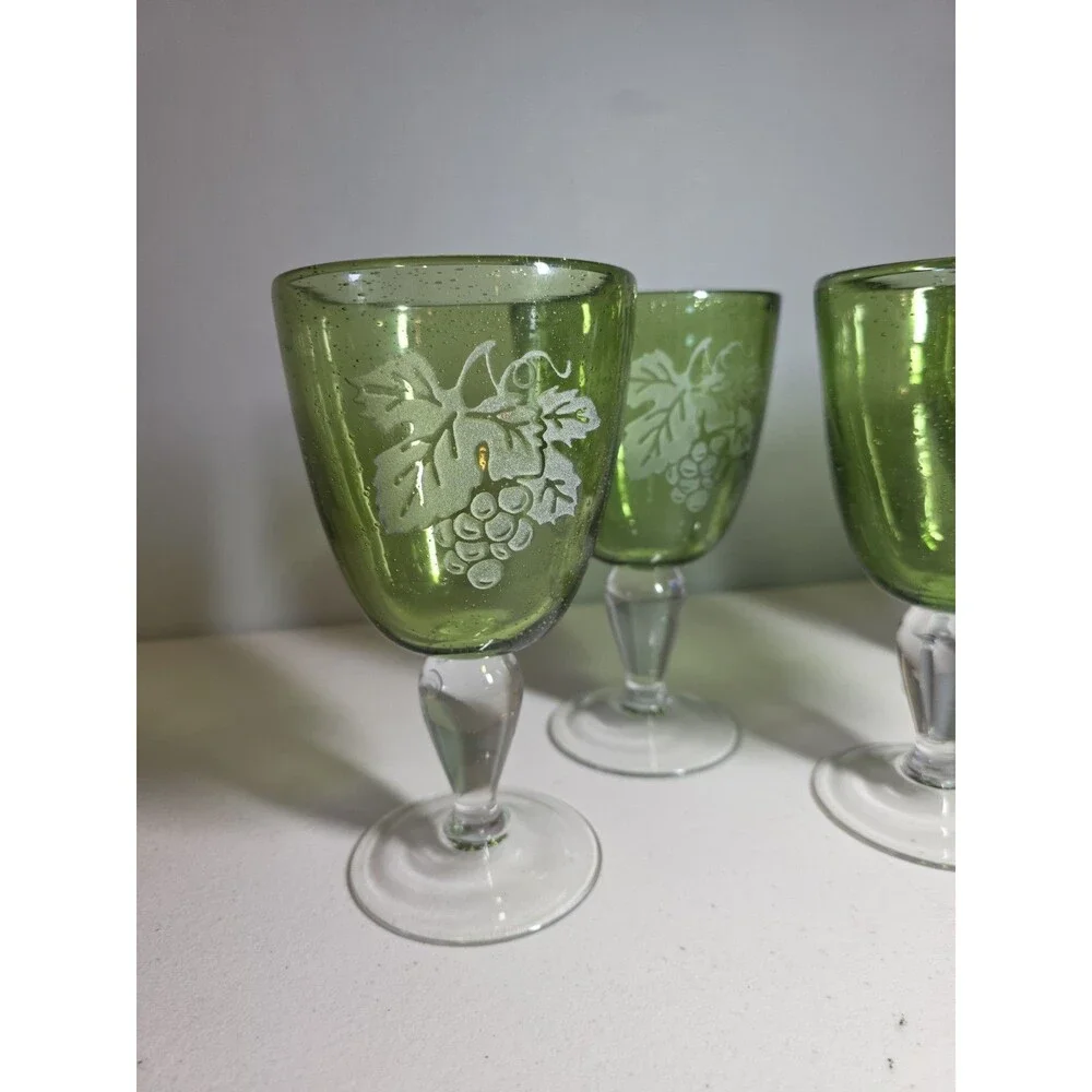 Block Basics Hand Made in Japan 4 Green Wine Glasses with Etched Grape Design